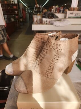 No Boundaries Taupe Open-Toe Ankle Booties